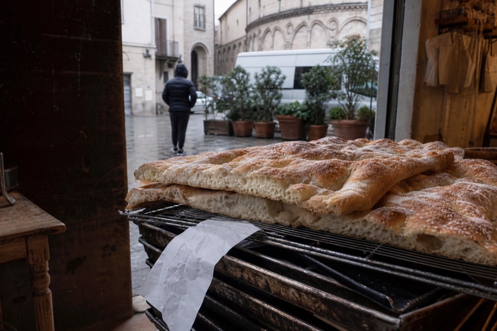 Freshly baked schiacciata flatbread on a deli counter in Florence, no text, no logos, no people