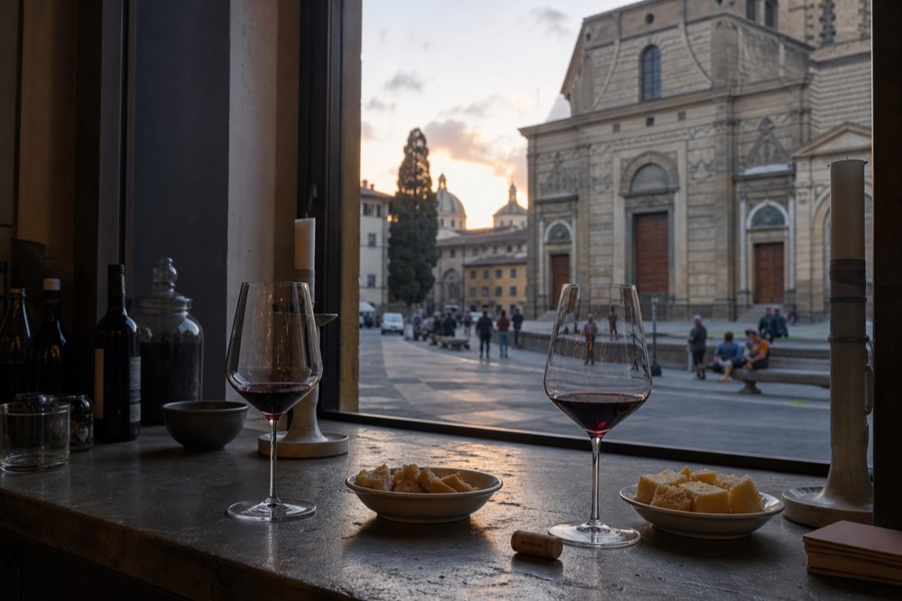 A Florence wine bar counter with glasses of red wine and small snack plates at dusk, no text, no logos, no people