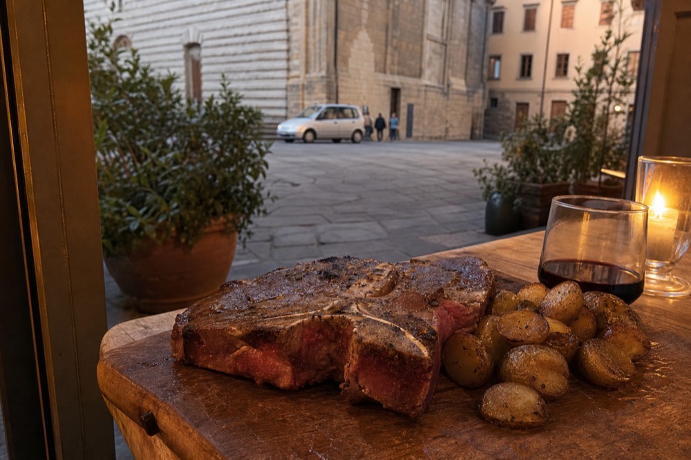 A thick T-bone steak resting on a wooden board beside roasted potatoes, no text, no logos, no people