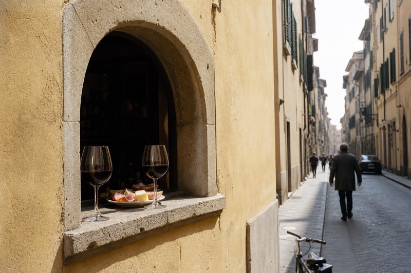 A glass of Tuscan red wine resting on the stone sill of a small arched wine window in a Florence palazzo wall, a second glass and a plate of cheese and salumi on the ledge beside it