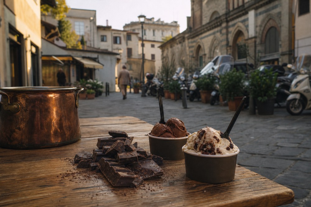 Chocolate and gelato pairing, no text, no logos, no people