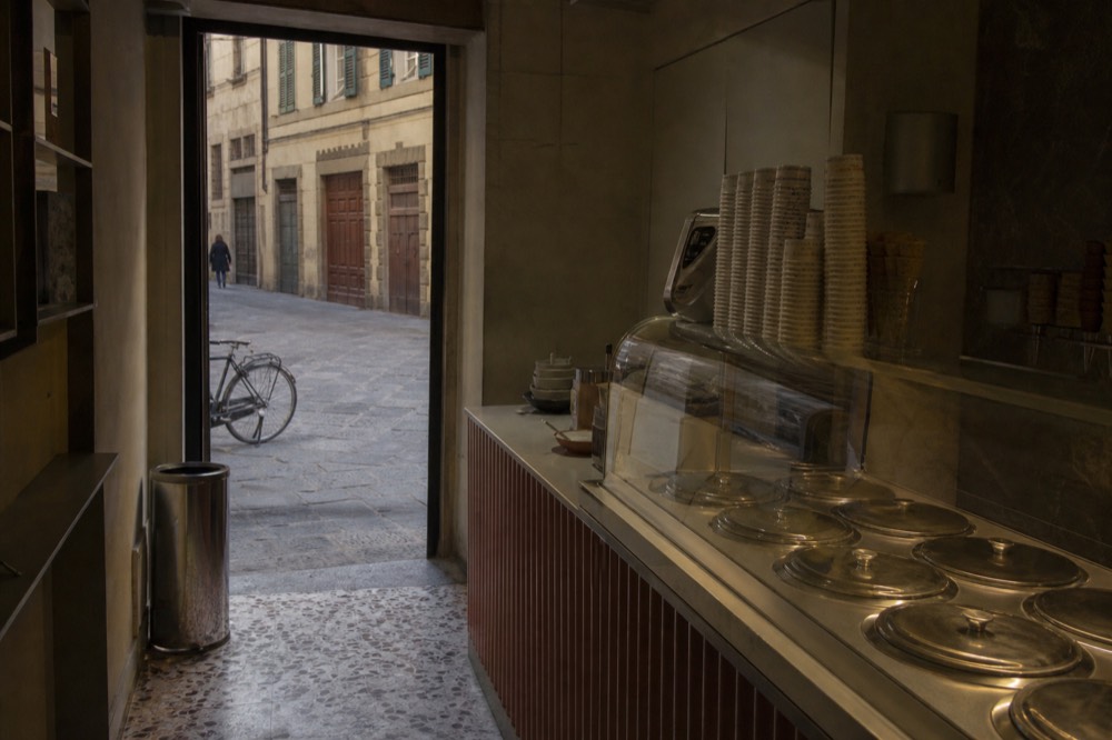 Quiet gelateria in the Oltrarno, no text, no logos, no people