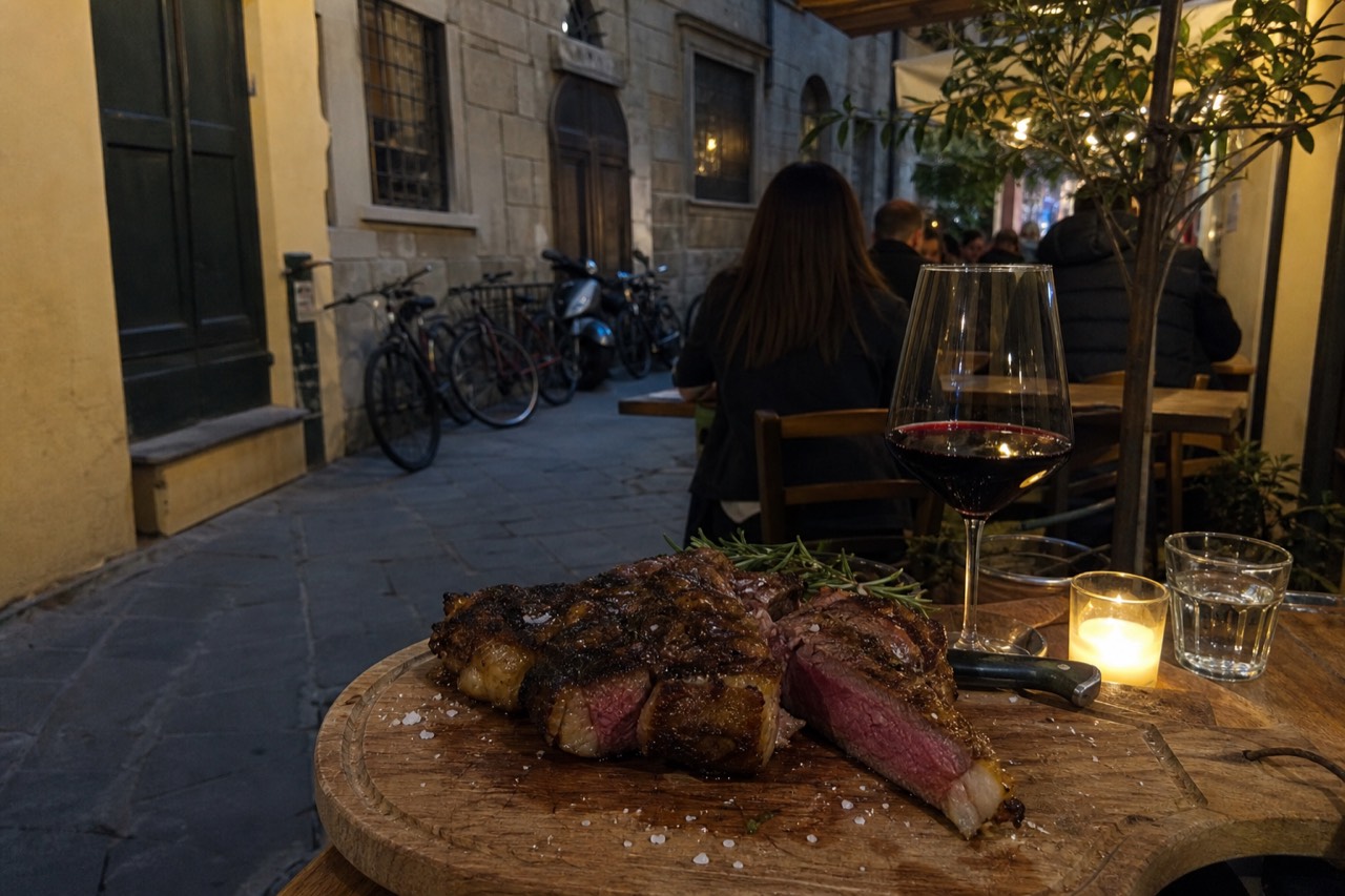 Charcoal-grilled bistecca alla fiorentina resting on a wooden board beside a glass of red wine, no text, no logos, no people