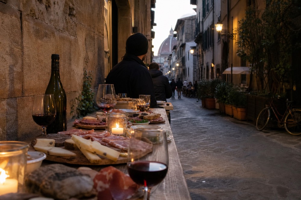 A spread of Tuscan tastings on a wooden counter in Florence, no text, no logos, no people