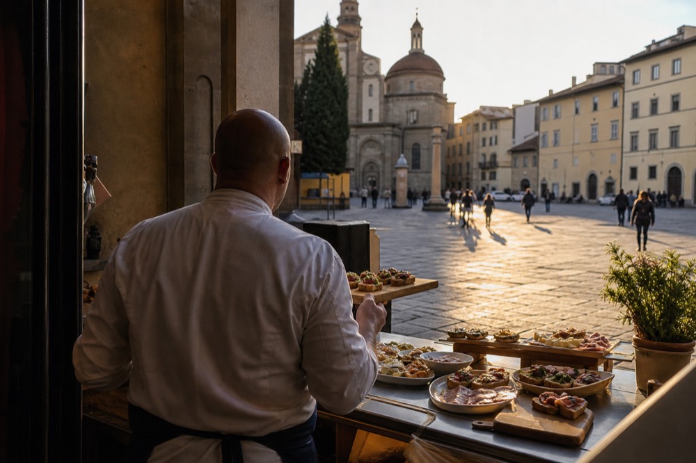 A chef presenting Tuscan dishes at a tasting counter in Florence, no text, no logos, no people