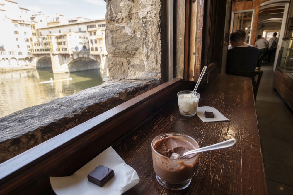 Artisan gelato and chocolate tasting in a Florence shop, no text, no logos, no people