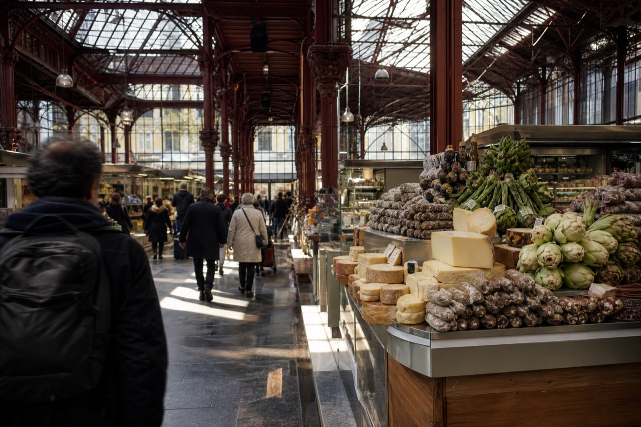 A Florence food market counter with fresh produce and local dishes, no text, no logos, no people