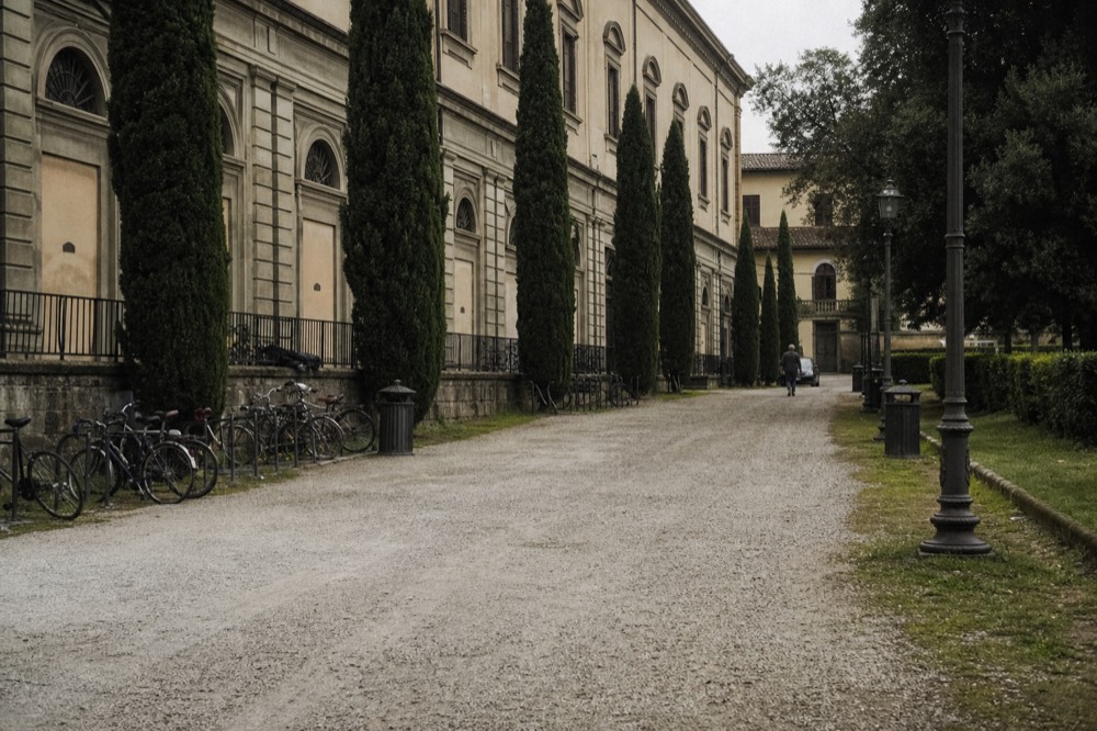 A cypress-lined road winding through Chianti vineyards toward a stone estate, no text, no logos, no people