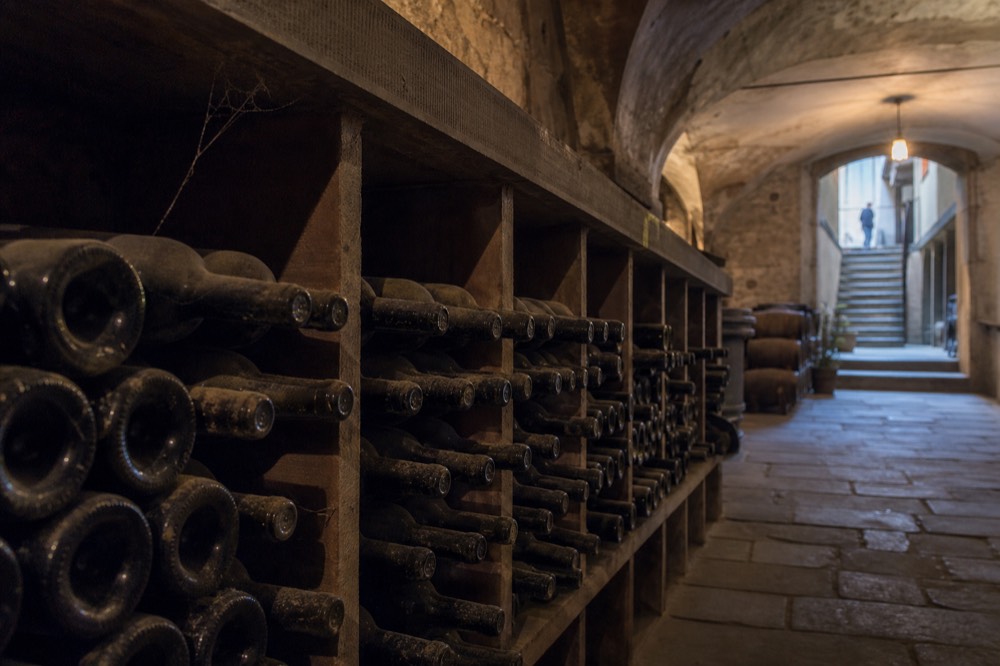 A row of wine bottles in a rustic cellar rack lit by warm light, no text, no logos, no people