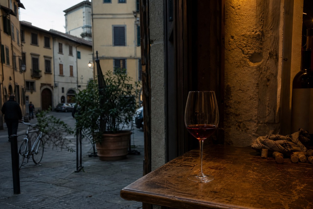 A wine glass on a wooden counter in a Florence enoteca, no text, no logos, no people