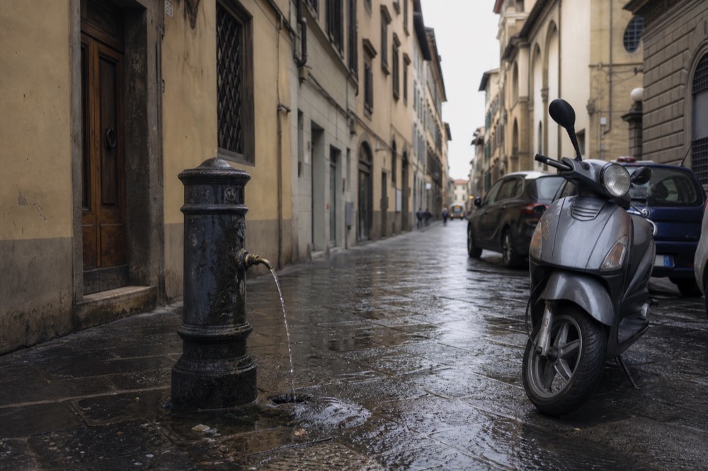 Steel fountain near Sant'Ambrogio, water jet on wet cobbles, Vespa at kerb, drizzle-darkened ochre render, no text, no logos, no people