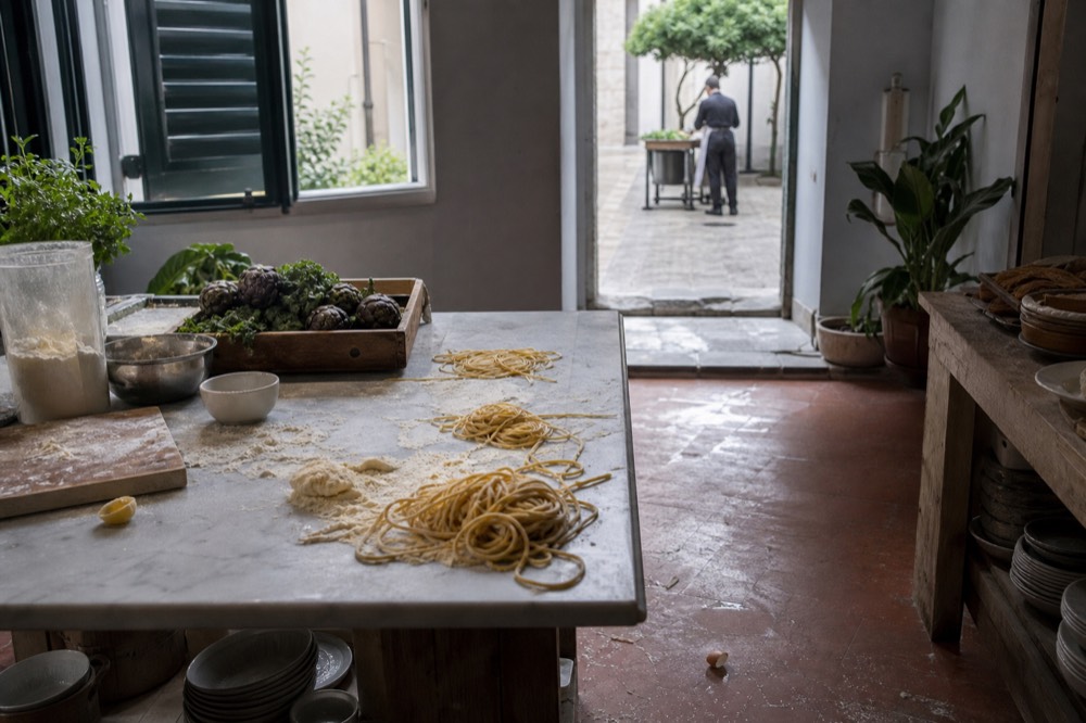 Chef leading a cooking class with fresh pasta and market ingredients, no text, no logos, no people