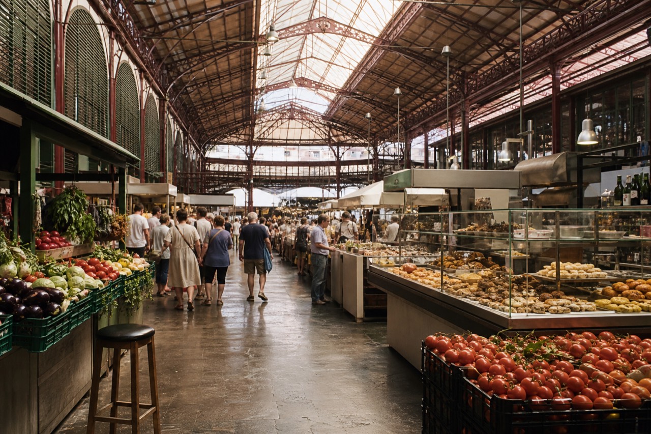 Interior of Mercato Centrale Florence food hall with fresh produce and cooked food counters, no text, no logos, no people