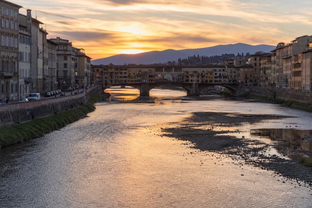 Sunset over the Arno river and Florence bridges, no text, no logos, no people