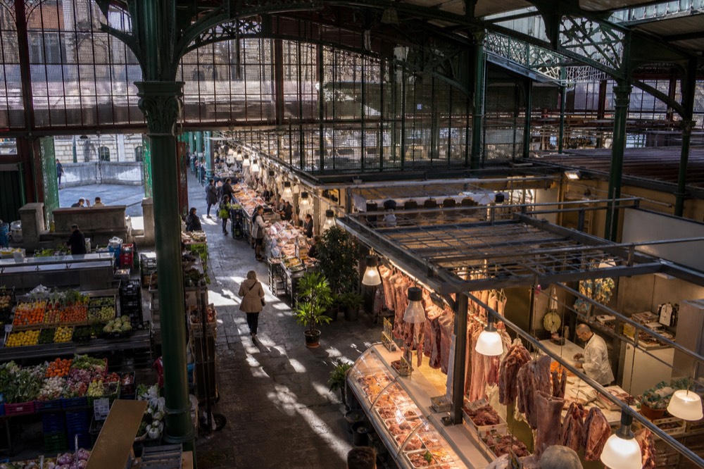 Mercato Centrale ground floor with butchers and produce stalls, no text, no logos, no people