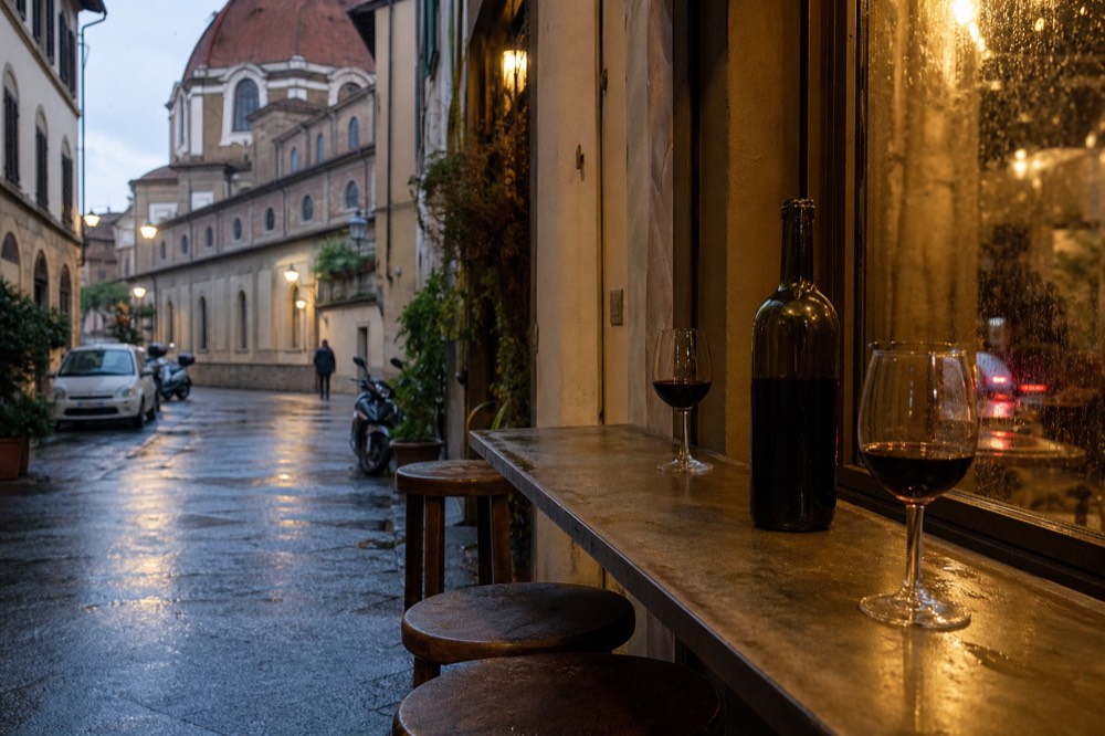 Counter of a small Florentine osteria with stools and wine glasses, no text, no logos, no people