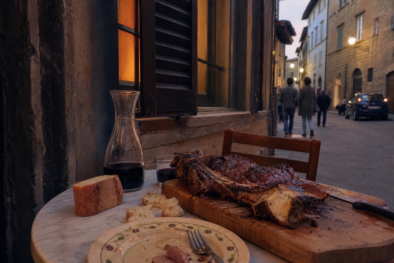 A rustic wooden table in a Florentine dining room set with a bone-in bistecca alla fiorentina on a carving board, glasses of Tuscan red wine, torn bread and a bowl of olive oil under warm evening lamplight