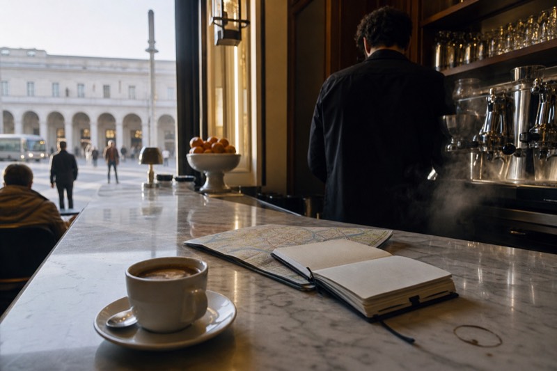 A marble bar counter in Florence with an espresso, a folded paper city map and a notebook, the barista's back turned to the coffee machine